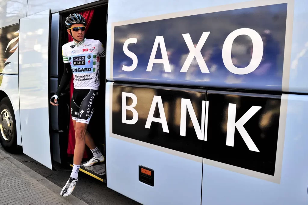Saxo Bank logo on a bus